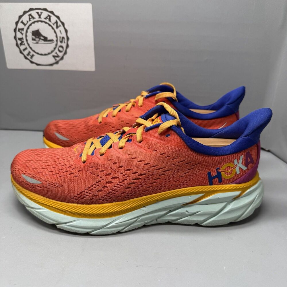 HOKA Clifton 8 Fiesta Bluing Orange Running Shoes 1119394 Women Sz 9B Preowned